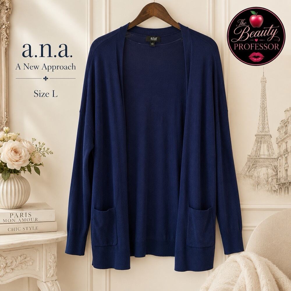 💞 a.n.a. A New Approach Large Navy Blue Open Front Cardigan Sweater Pockets
